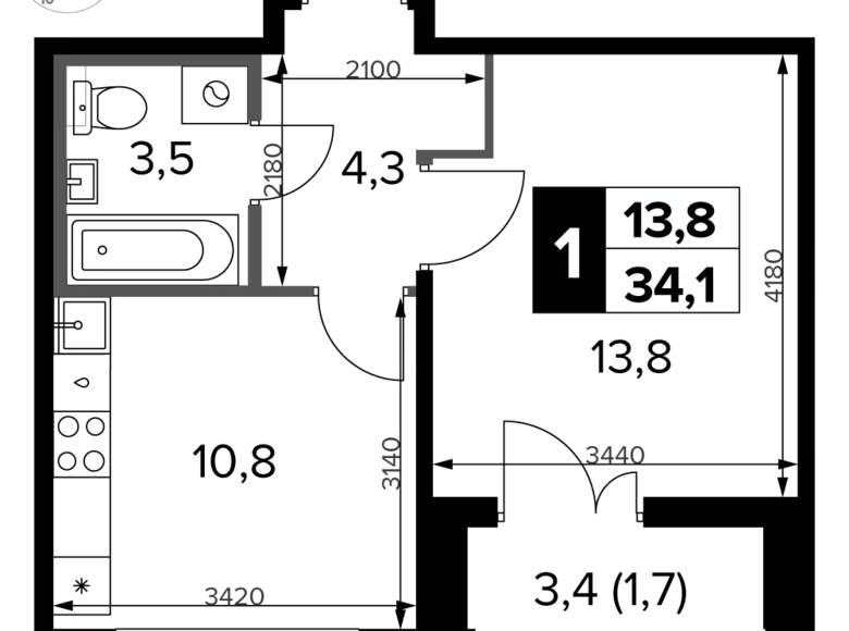 1 room apartment 34 m² Potapovo, Russia