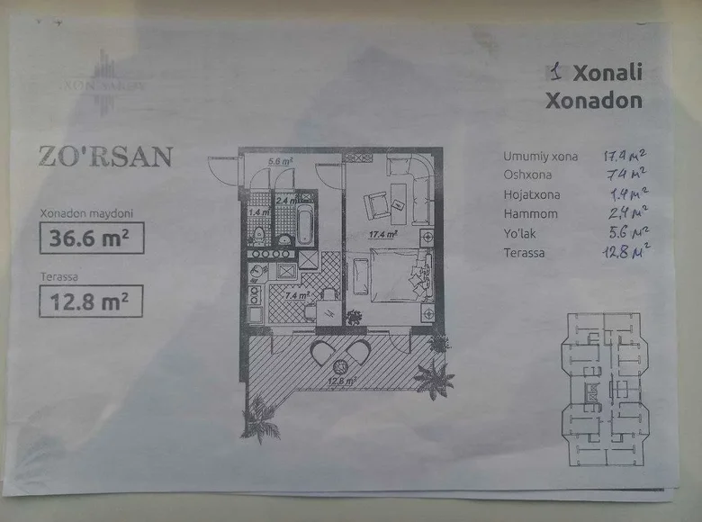 Kvartira 1 xona 37 m² Toshkentda