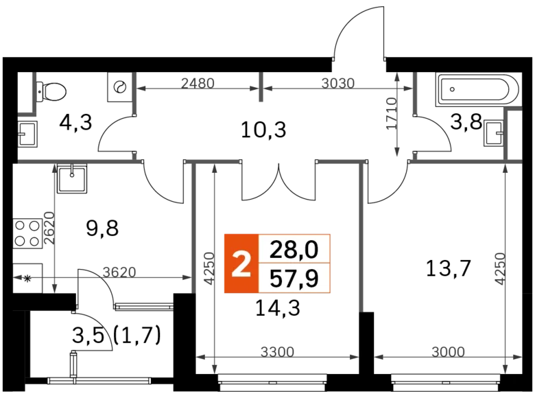 Appartement 2 chambres 58 m² Moscou, Fédération de Russie