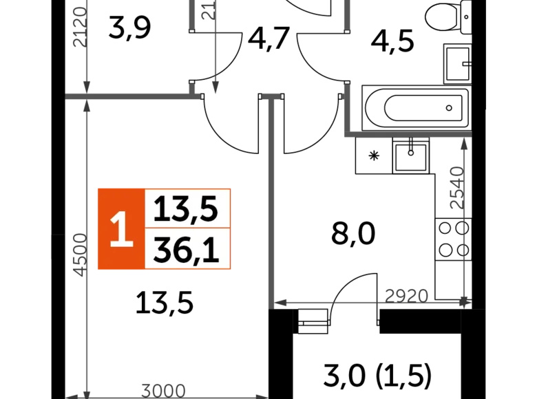 Квартира 1 комната 36 м² Развилка, Россия