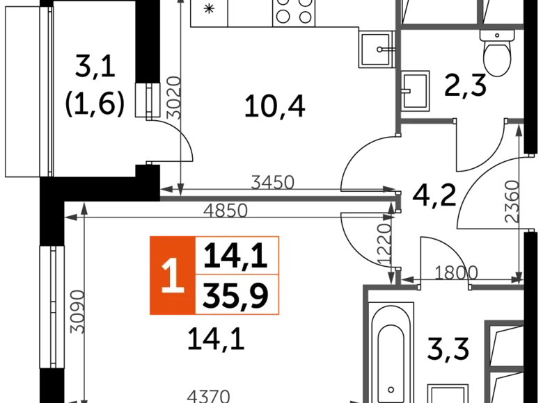 Квартира 1 комната 36 м² Развилка, Россия