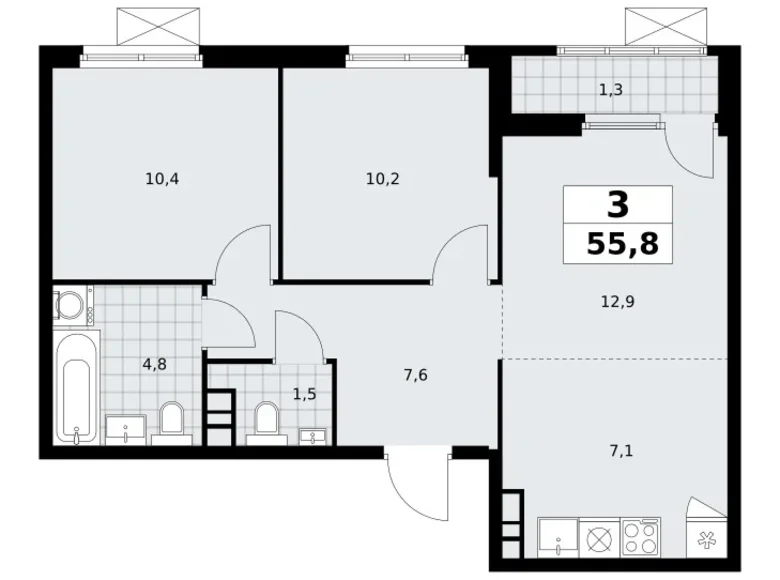 3 room apartment 56 m² South-Western Administrative Okrug, Russia