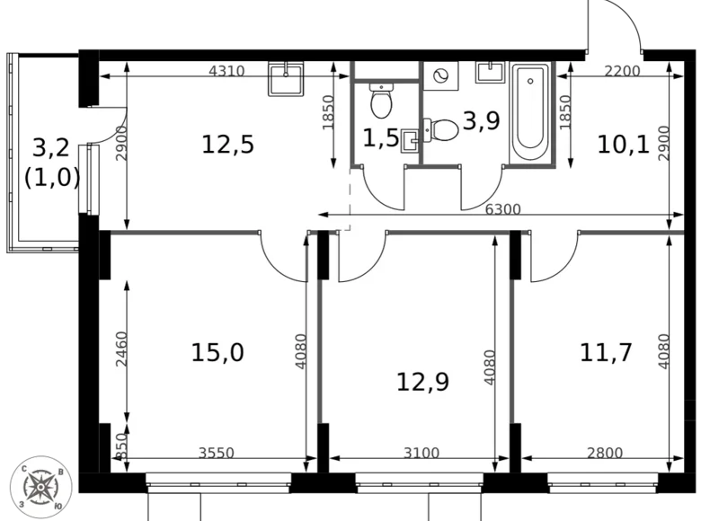 3 room apartment 69 m² Sapronovo, Russia
