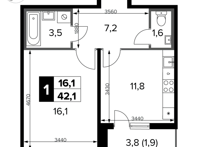 1 room apartment 42 m² Sapronovo, Russia