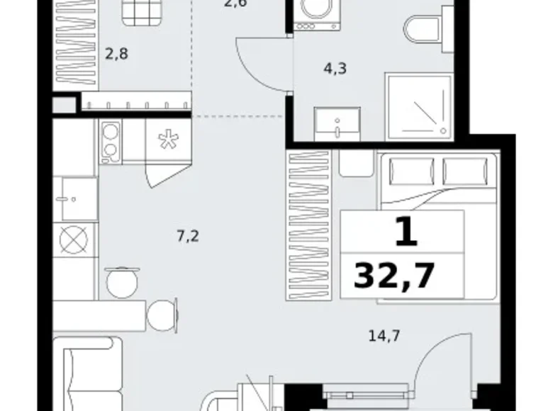 1 room apartment 33 m² Kommunarka, Russia
