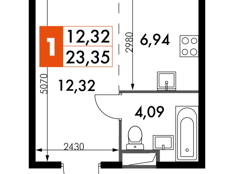 Студия 1 комната 23 м² Москва, Россия