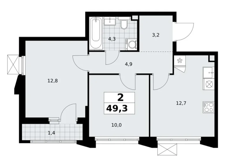2 room apartment 49 m² Troitsk, Russia