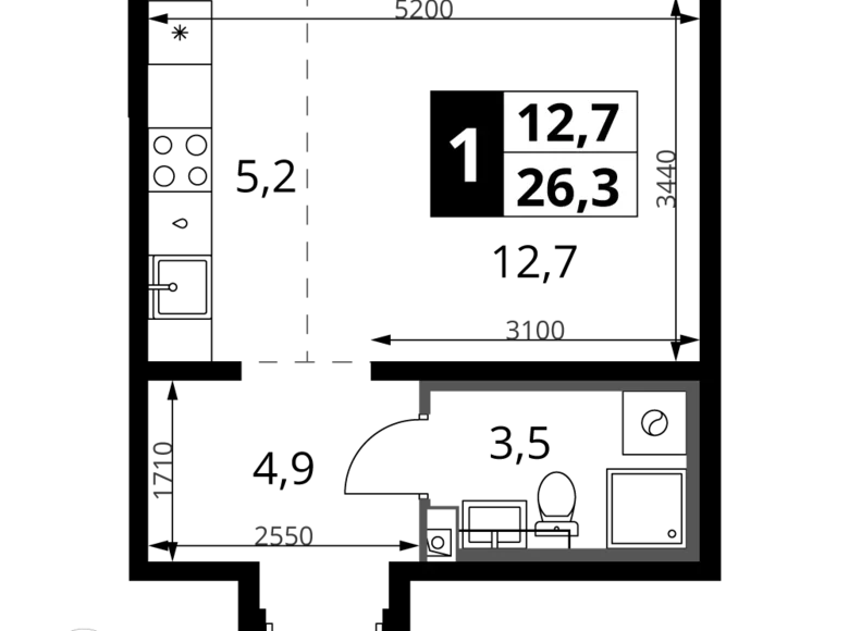 1 room studio apartment 26 m² Leninsky District, Russia