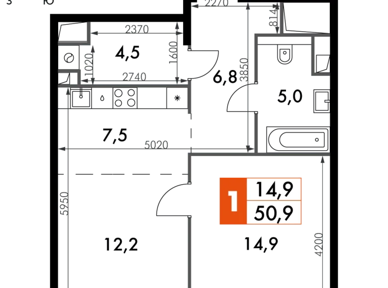 2 room apartment 51 m² North-Western Administrative Okrug, Russia