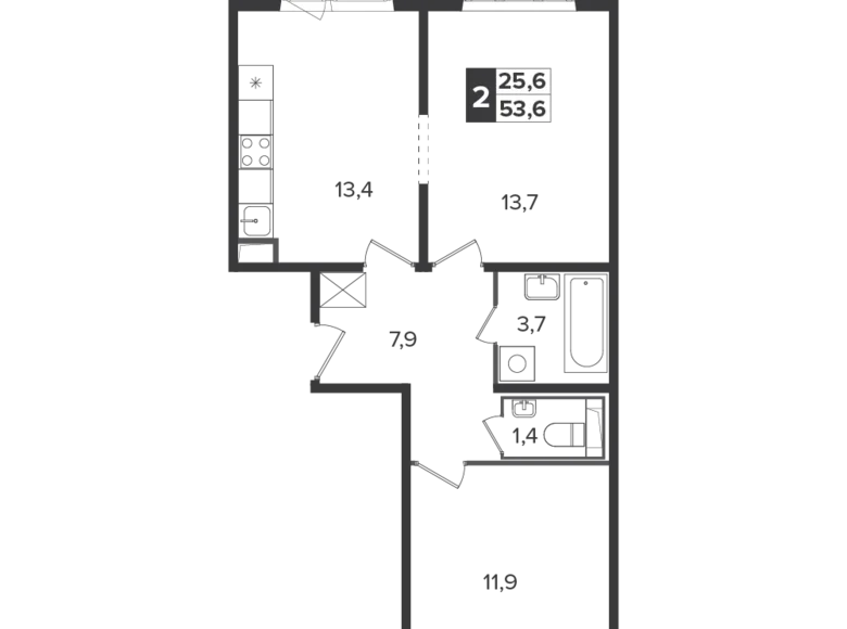 2 room apartment 53 m² Leninsky District, Russia