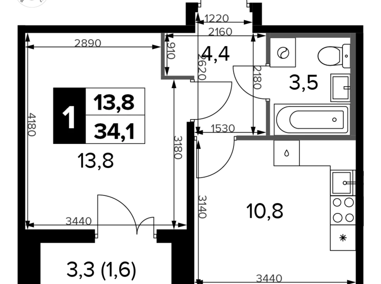 Квартира 1 комната 34 м² Химки, Россия