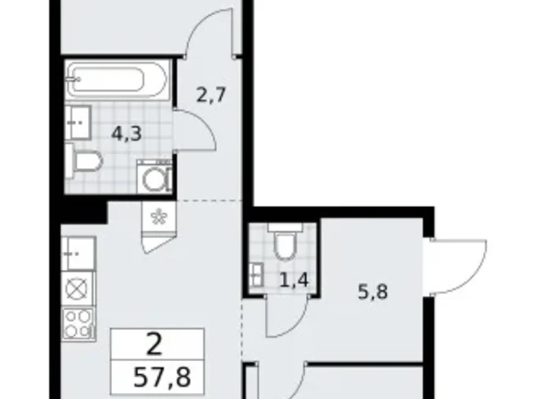2 room apartment 58 m² Troitsk, Russia