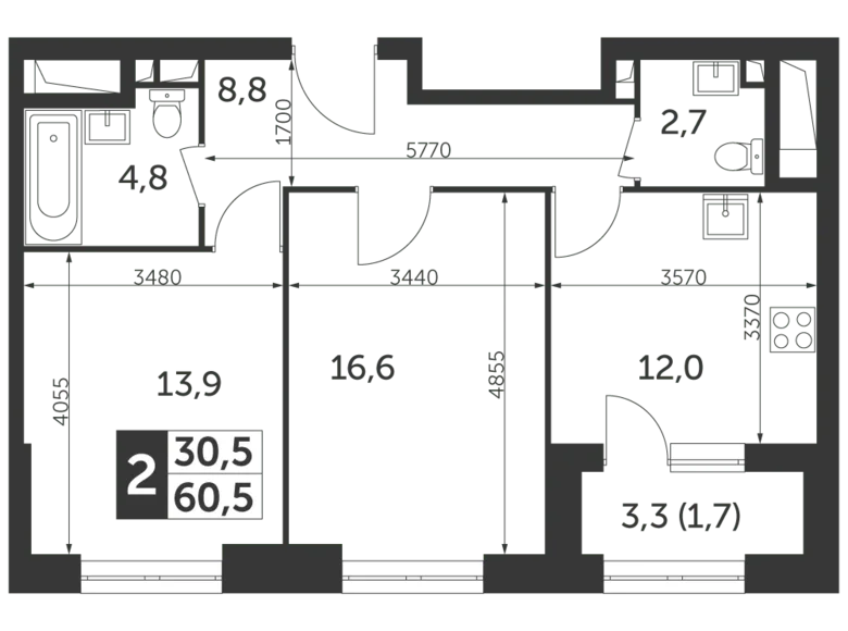 2 room apartment 61 m² North-Eastern Administrative Okrug, Russia