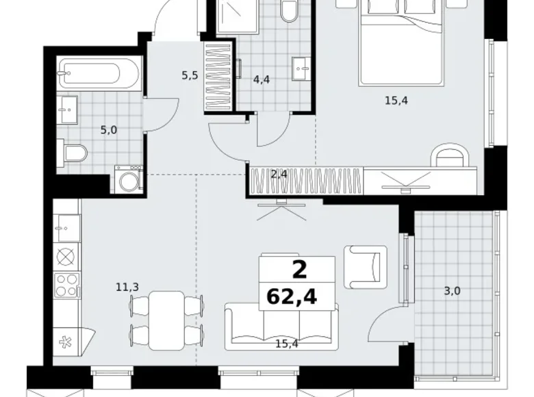 Квартира 2 комнаты 62 м² район Коммунарка, Россия