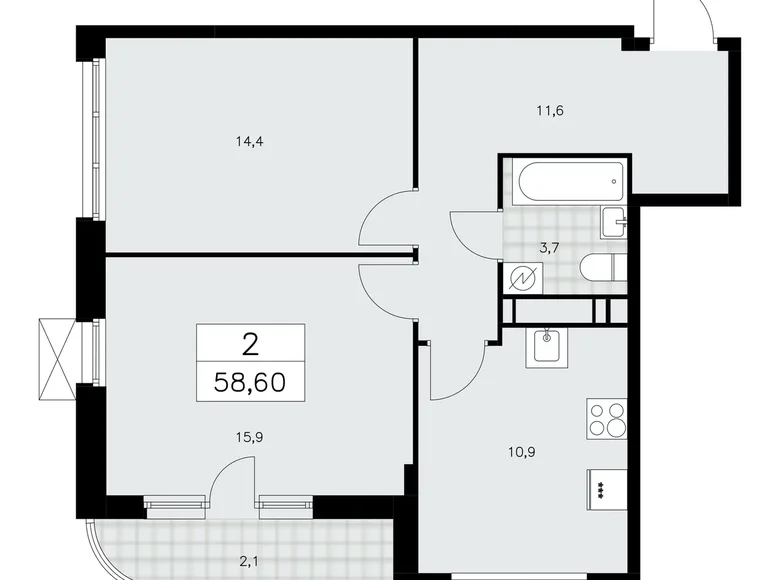 Apartamento 2 habitaciones 59 m² Moscú, Rusia