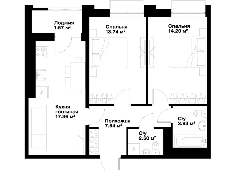 Квартира 2 комнаты 61 м² Ташкент, Узбекистан