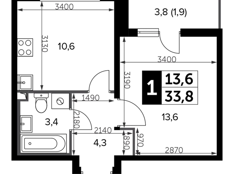 1 room apartment 34 m² Leninsky District, Russia