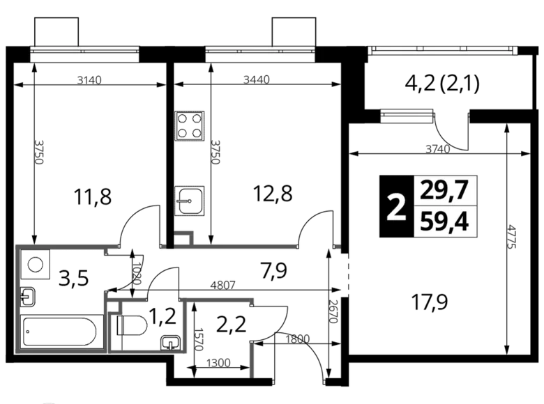 Apartamento 2 habitaciones 60 m² Nekrasovka District, Rusia