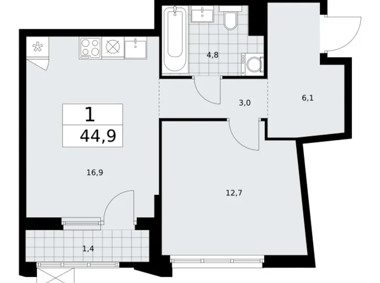 1 room apartment 45 m² Troitsk, Russia