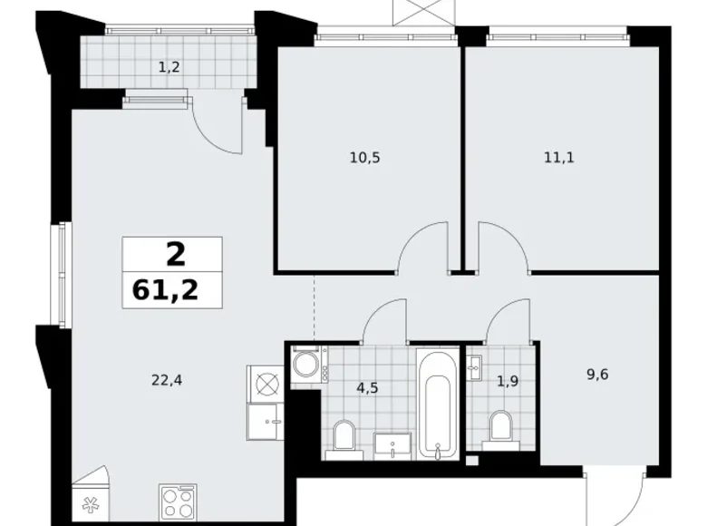2 room apartment 61 m² Troitsk, Russia