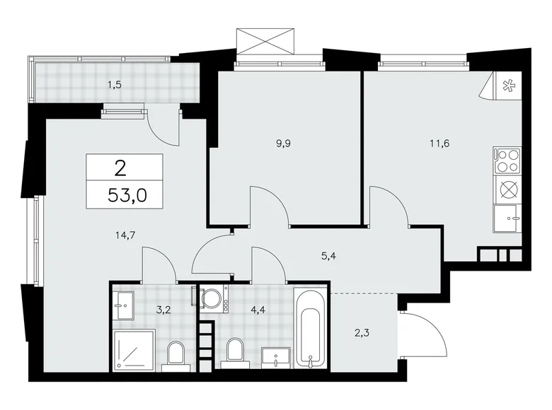 Квартира 2 комнаты 53 м² поселение Сосенское, Россия