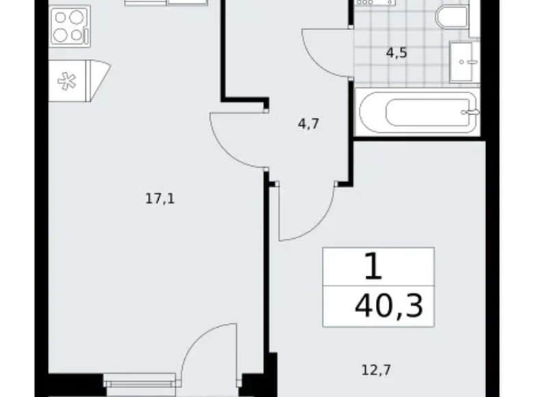 1 room apartment 40 m² Troitsk, Russia