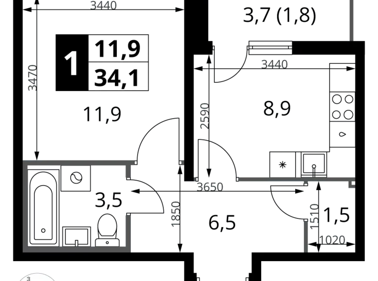 1 room apartment 34 m² Leninsky District, Russia