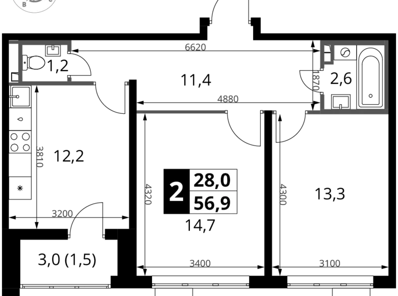 2 room apartment 57 m² Sapronovo, Russia