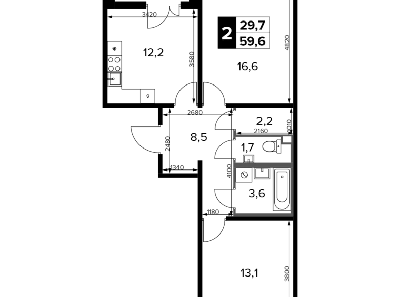 2 room apartment 60 m² Khimki, Russia