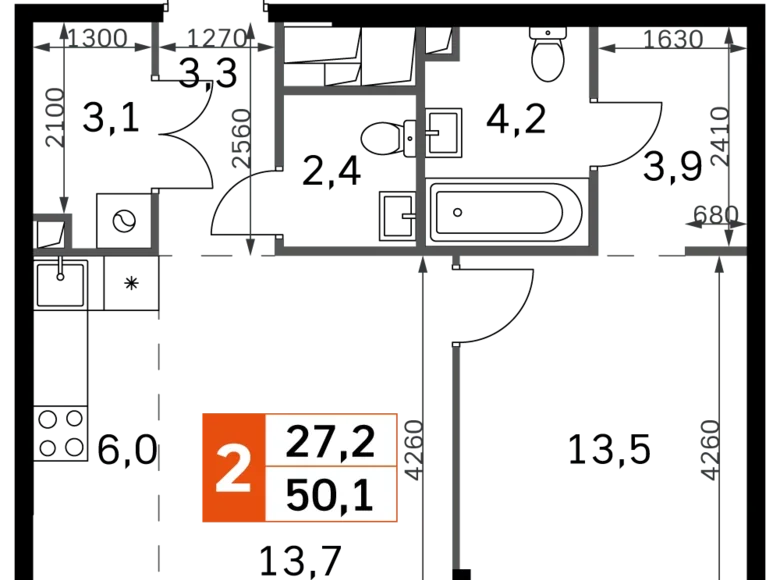 Mieszkanie 2 pokoi 50 m² North-Western Administrative Okrug, Rosja