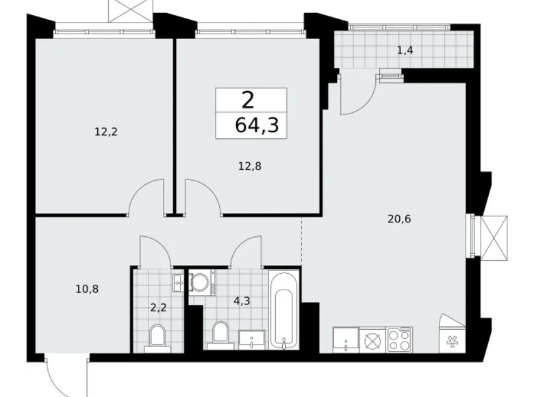 2 room apartment 64 m² Troitsk, Russia