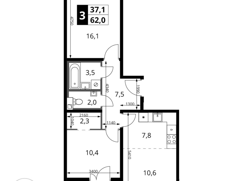 Mieszkanie 3 pokoi 62 m² Chimki, Rosja