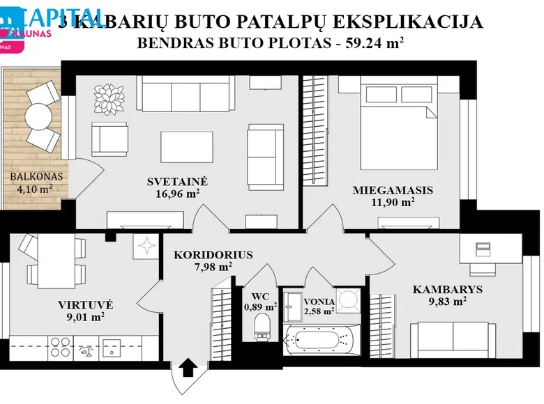 3 room apartment 59 m² Kaunas, Lithuania