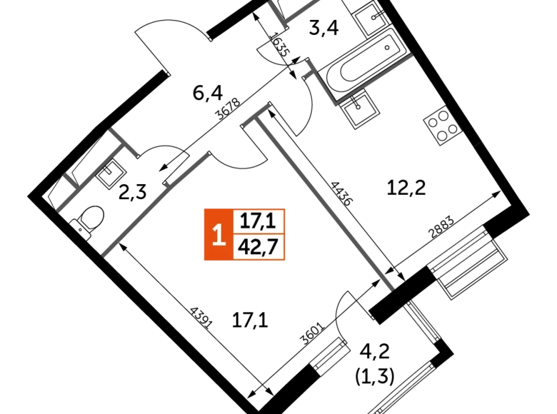 Квартира 1 комната 43 м² Развилка, Россия