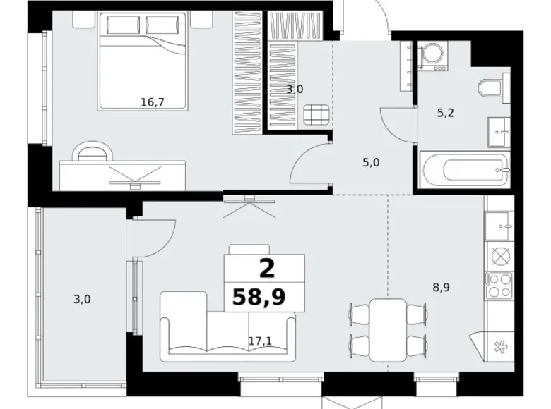 Appartement 2 chambres 59 m² Kommunarka, Russie