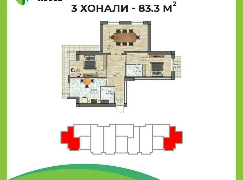 Kvartira 3 xonalar 83 m² Toshkentda