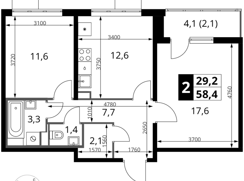 Квартира 2 комнаты 58 м² Юго-Западный административный округ, Россия