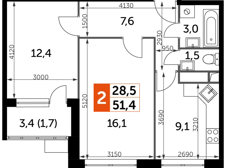 2 room apartment 51 m² Veshki, Russia