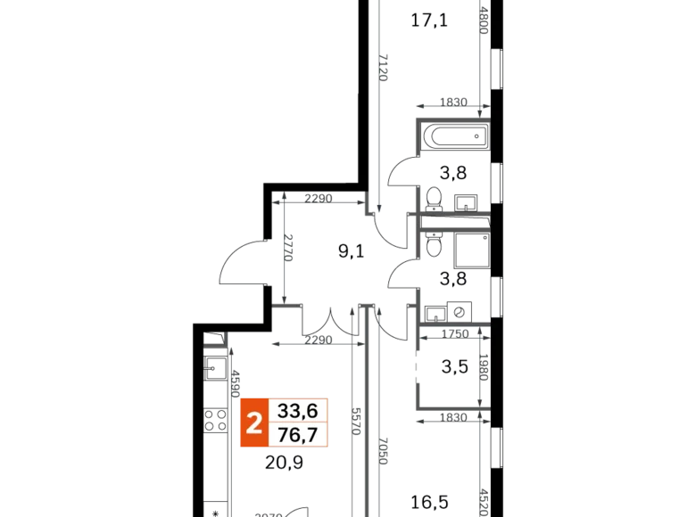 Квартира 2 комнаты 77 м² Москва, Россия