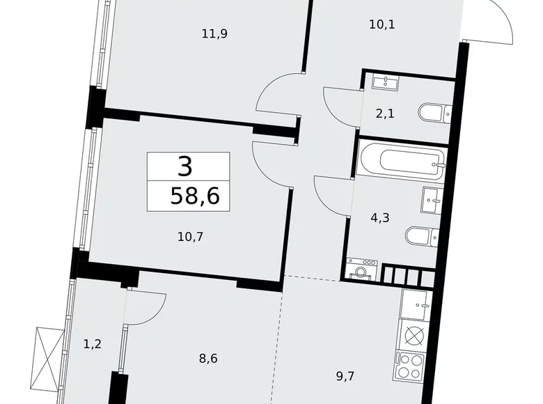 Appartement 3 chambres 59 m² poselenie Desenovskoe, Fédération de Russie