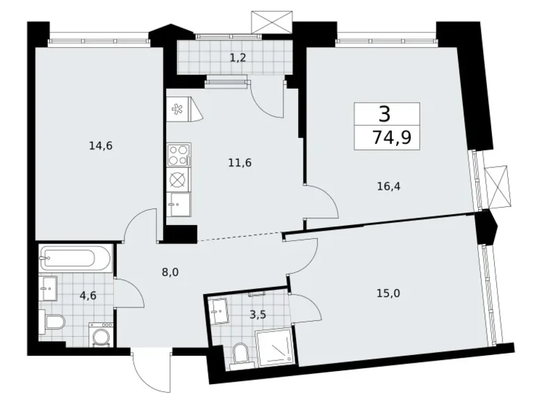 Mieszkanie 3 pokoi 75 m² Troick, Rosja