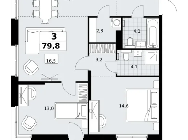 3 room apartment 80 m² Kommunarka, Russia