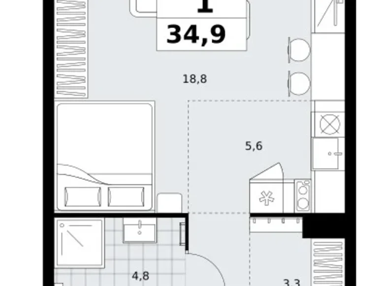 1 room apartment 35 m² Kommunarka, Russia