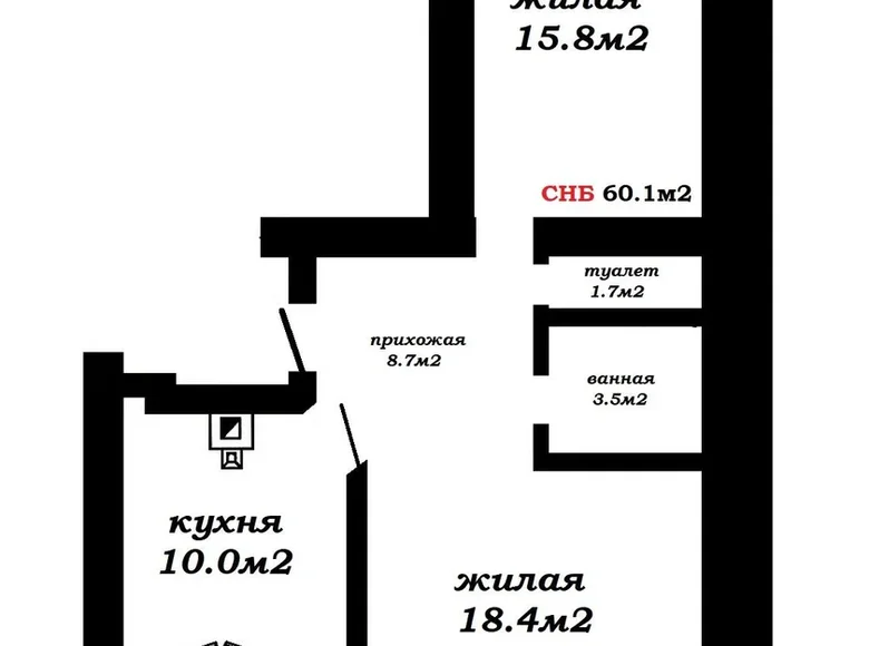 2 room apartment 60 m² Chaciežyna, Belarus