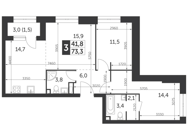 3 room apartment 73 m² North-Eastern Administrative Okrug, Russia