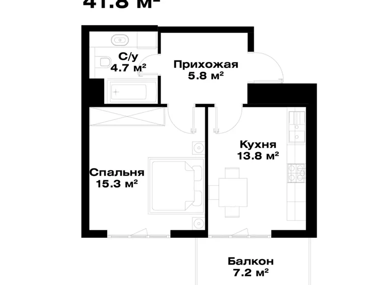 Квартира 1 комната 42 м² Ташкент, Узбекистан