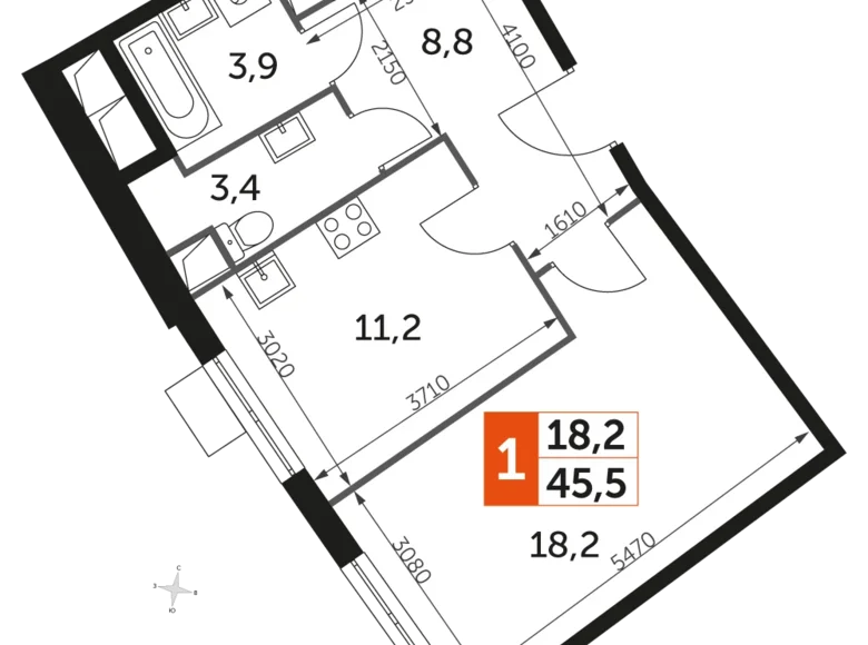 Mieszkanie 1 pokój 47 m² Razvilka, Rosja