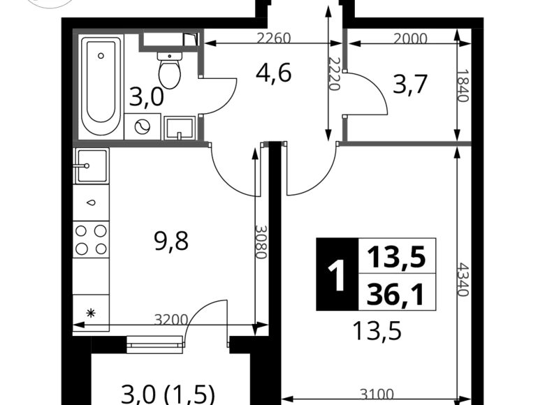 1 room apartment 36 m² Potapovo, Russia