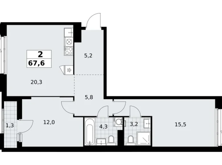 2 room apartment 68 m² Troitsk, Russia