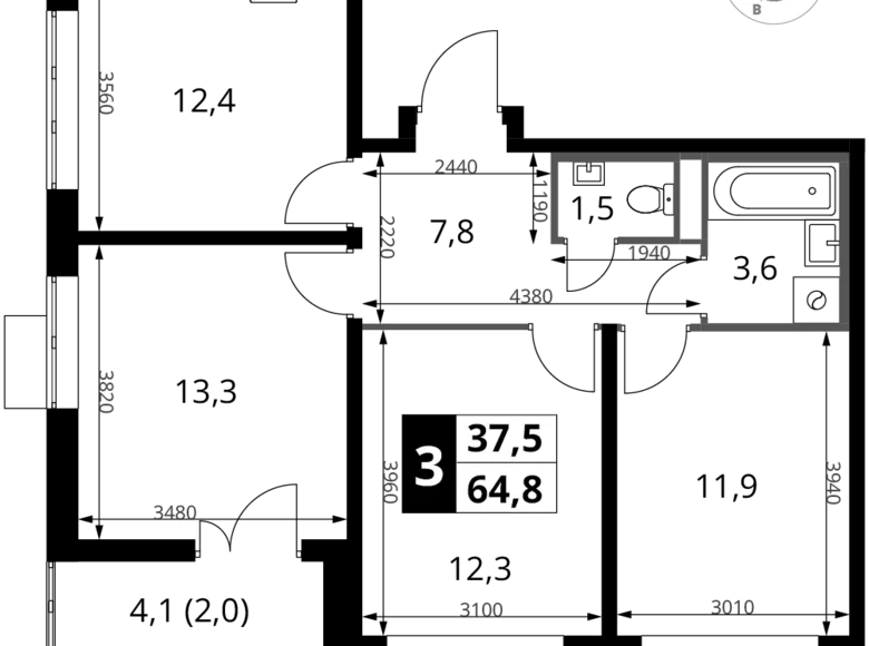 3 room apartment 65 m² Potapovo, Russia